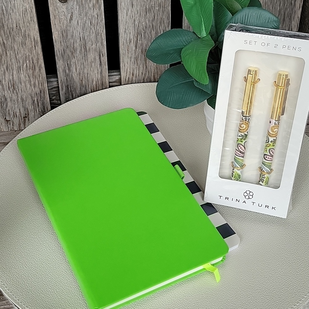 Trina Turk Gold and Multicolor Pen Set with Green and Black-Striped Notebooks - Picture 5 of 5
